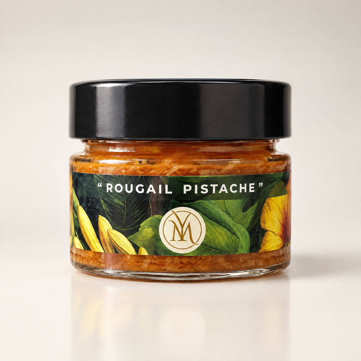 Pot en verre de rougail « pistache », vu de face