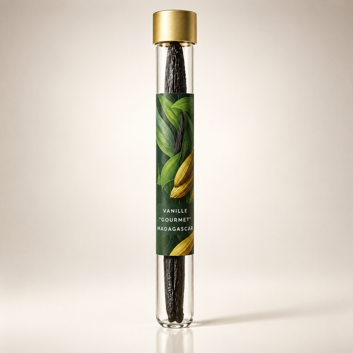 Tube en verre de vanille de Madagascar, vu de face