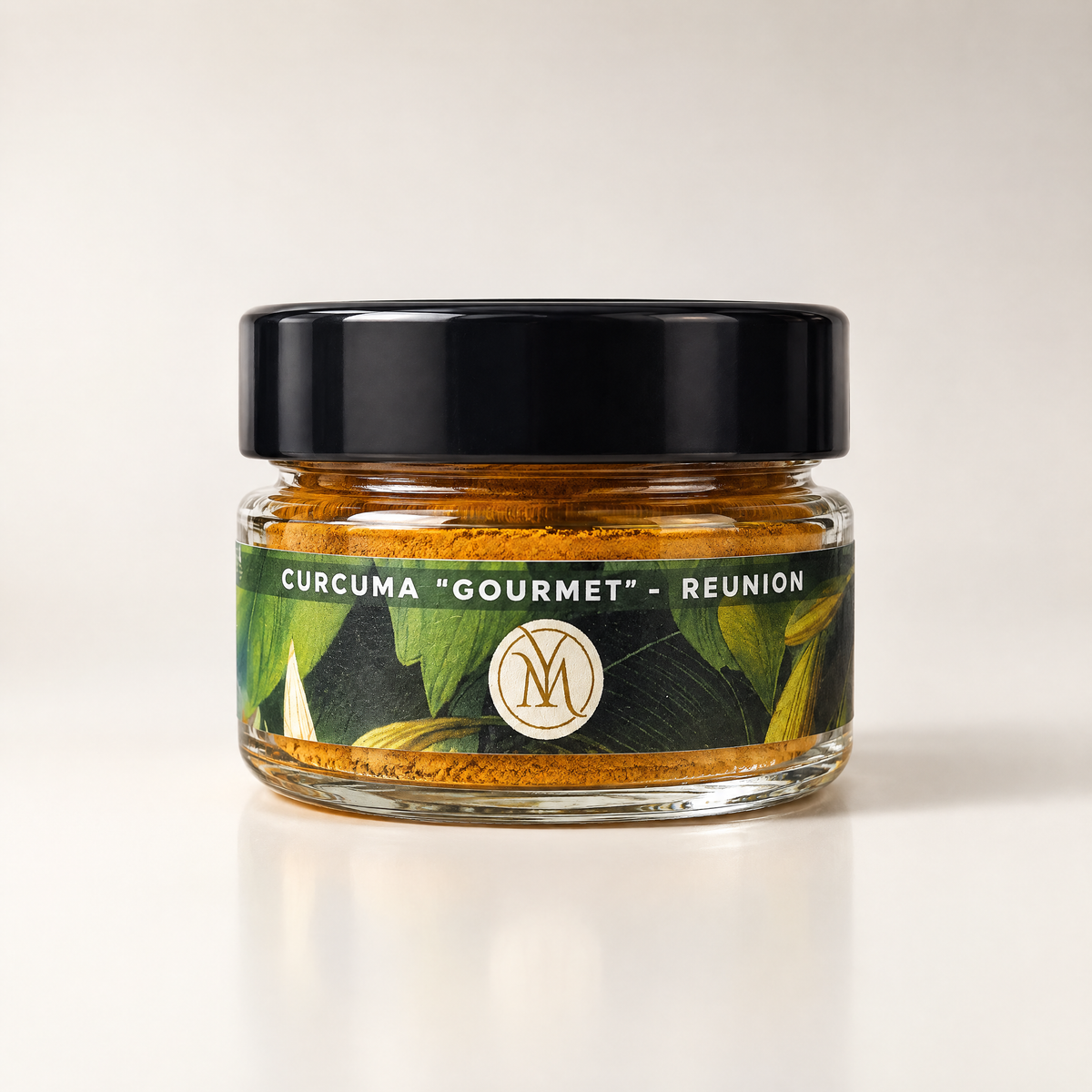 Pot en verre de curcuma « mère » de La Réunion, vu de face