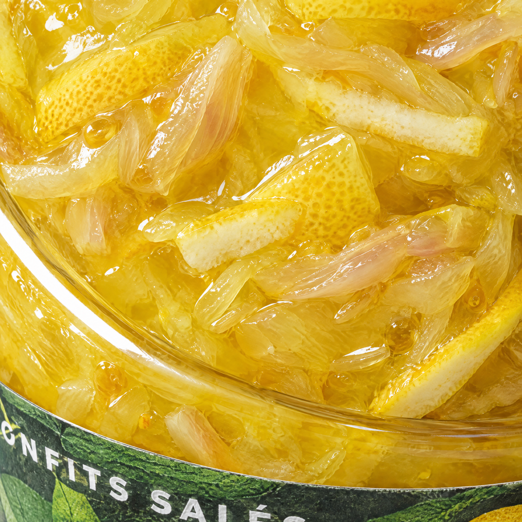 Gros plan sur la matière des citrons confits salés-sucrés à travers le verre