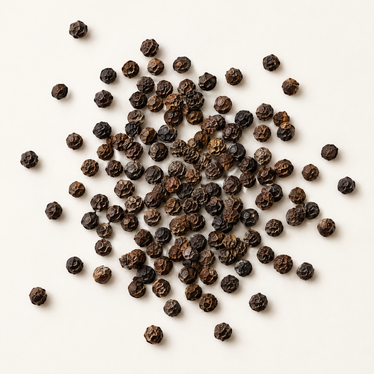 Grains de poivre malabar répandus sur fond blanc