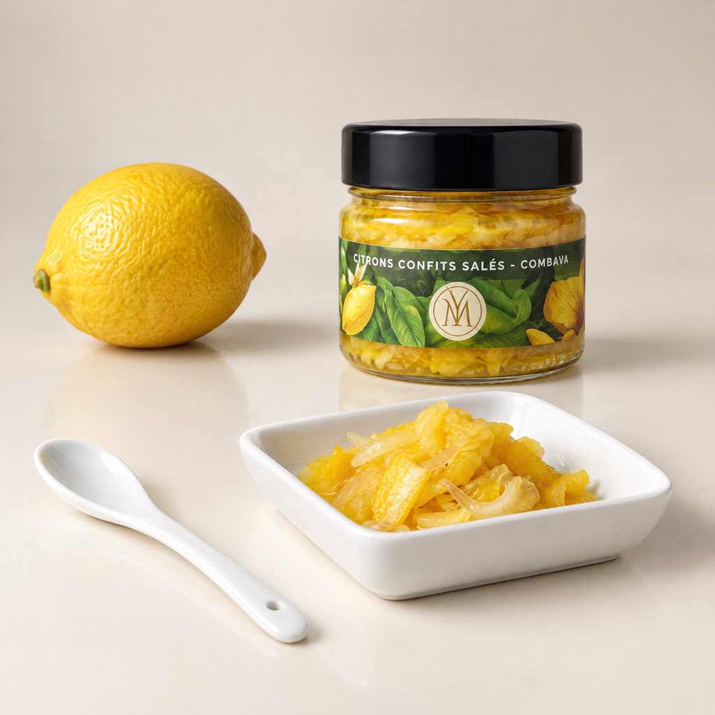 Le pot de citrons confits salés au combava et une portion servie