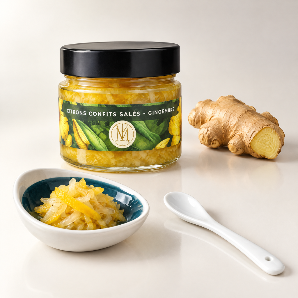 Le pot de citrons confits salés au gingembre et une portion servie